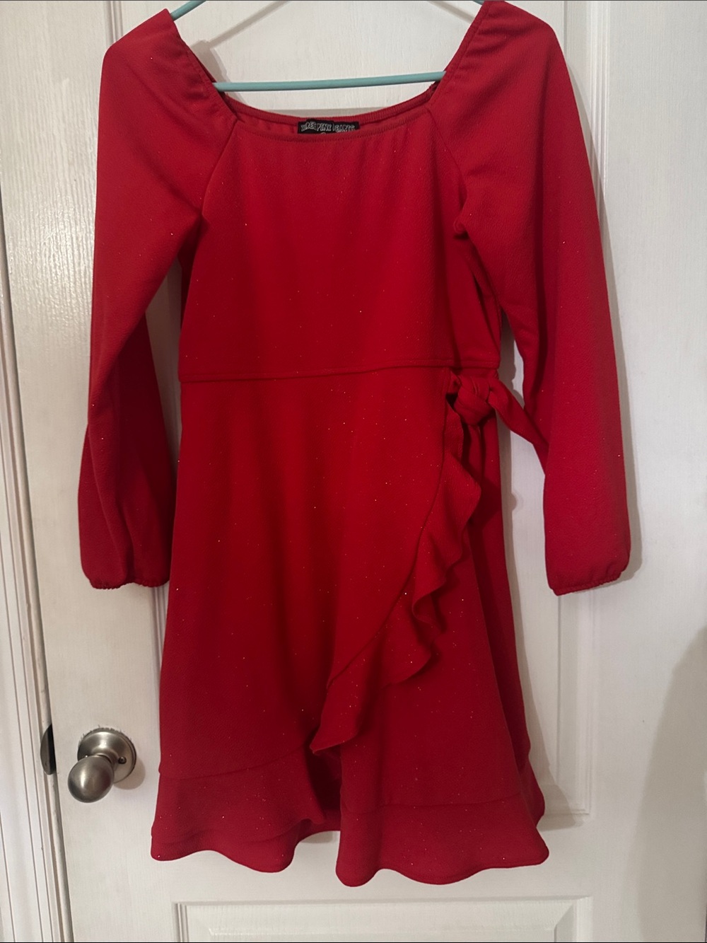 Red Long-Sleeve Ruffle Wrap Dress